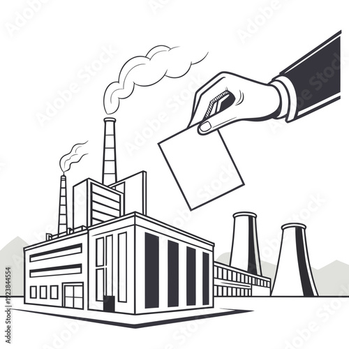 Ultra clean depiction of an industrial skyline with hand holding ballot box