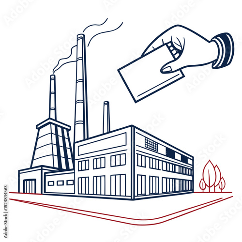 Of a hand holding a card above a factory industrial building