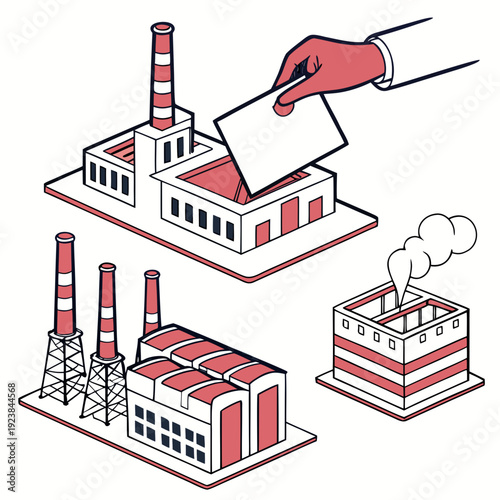 Industrial buildings with smokestacks and hand putting card into building
