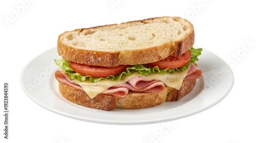 Ham and cheese sandwich with lettuce and tomato on toasted sourdough bread, served on a white plate isolated PNG with Transparent Background