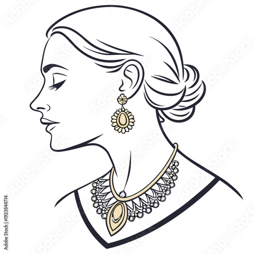 Gold bridal jewelry and woman's neck and face hair bun