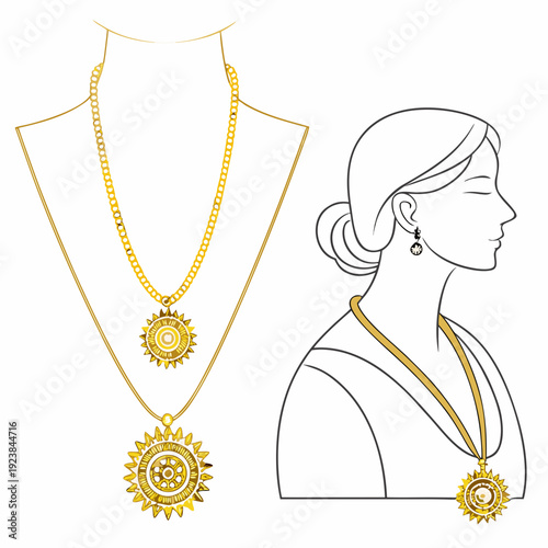 Gold sunburst pendants on chain necklaces and woman wearing pendant