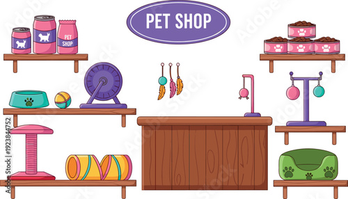 Pet shop interior scene with counter shelves toys food accessories and supplies vector illustration design