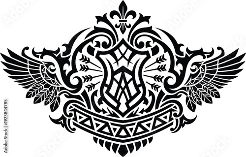 Tribal winged crest emblem with arrows and fleur de lis black ethnic coat of arms design majestic warrior symbol for graphic prints art.