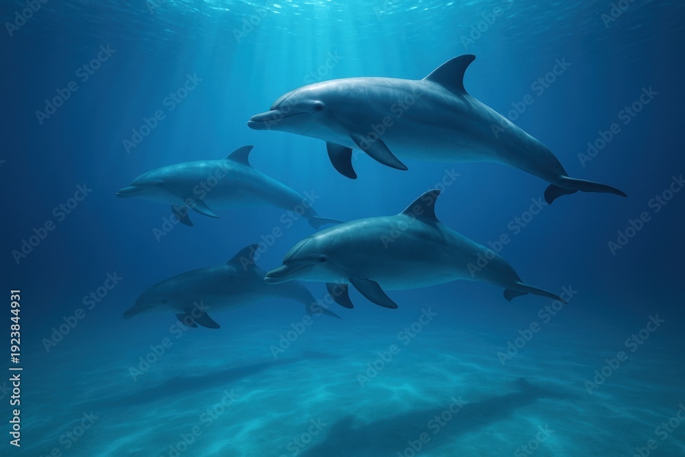 Obraz premium Dolphins swimming underwater gracefully.