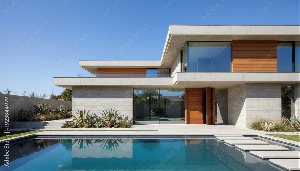 Fototapeta premium Minimalist Modern Contemporary Home Exterior Design With Pool