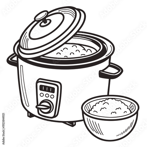 Black and white of electric rice cooker and bowl of rice