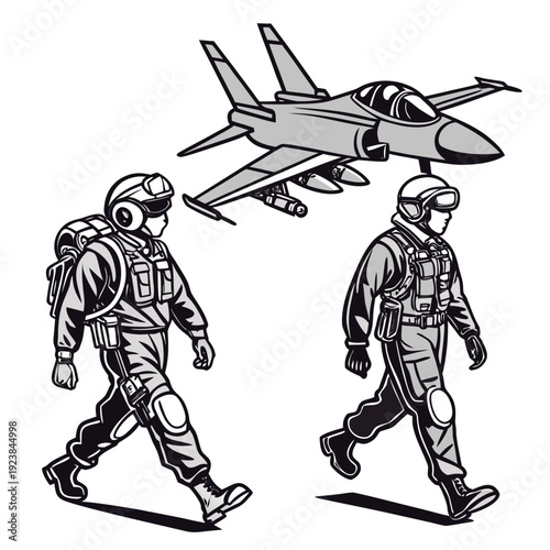Military pilots walking with fighter jet aircraft flight suits