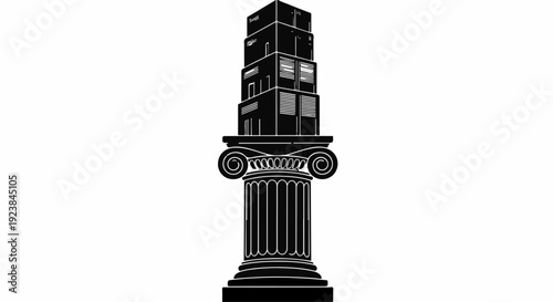Modern building stacked precariously atop classical column, symbolizing progress and tradition.