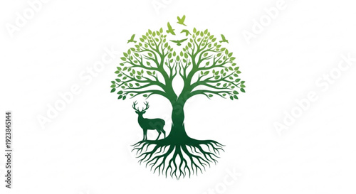 Tree with roots and leaves deer standing beside trunk birds flying above green foliage symbolizing nature and wildlife conservation
