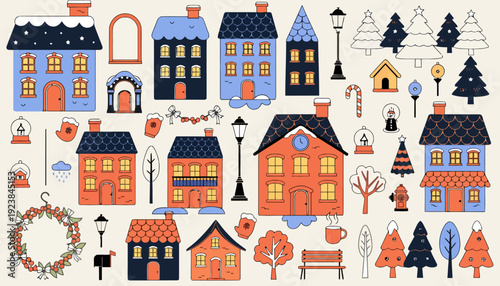 Whimsical winter village scene with colorful houses and festive decorations