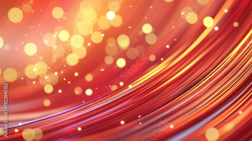 Abstract red and orange wave lines flow with warm golden light bokeh effects throughout