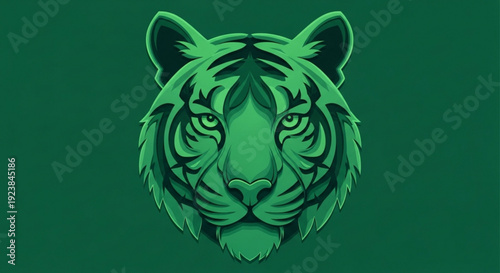 Green tiger head illustration with dark green background and vibrant yellow eyes symbolizing power and nature