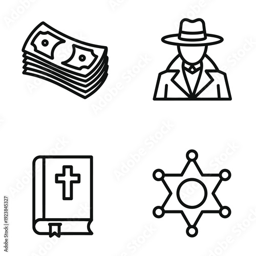 Vector showing money, a detective, a bible, and a sheriff's badge arranged in a grid