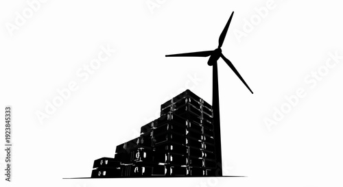 Silhouette of a wind turbine above a stylized cityscape, representing renewable energy and urban development.