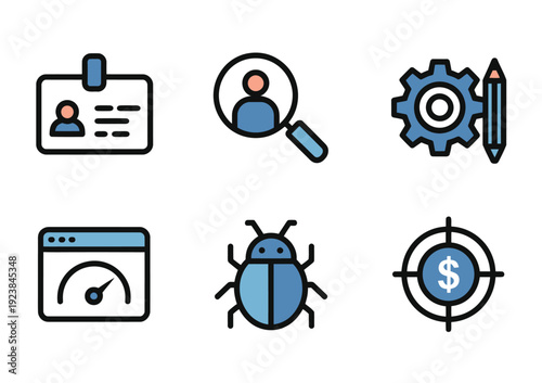 Vector icons illustrating identity card magnifying glass gears pencil speedometer beetle and money target.