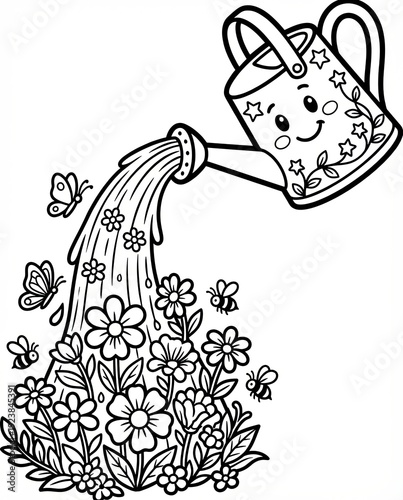 authentic human lifestyle concept Kawaii Watering Can and Flower Garden Coloring Page for Kids. Cute Springtime Nature Scene with Butterflies and Bees. modern commercial stock usage