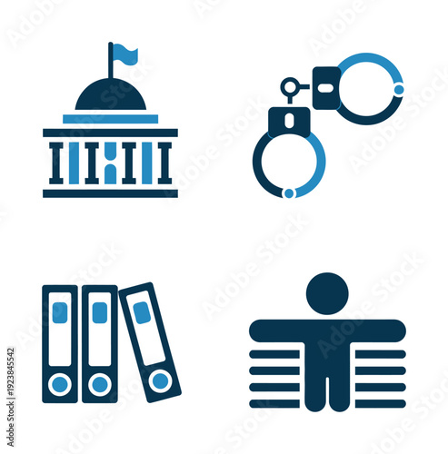 Vector icons depicting a government building, handcuffs, books, and a person reading documents.