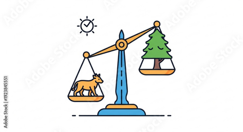 Balancing nature and livestock a cow and tree on scales under a sunny clock symbolizing harmony between agriculture and environment