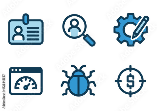 Set of vector icons representing various concepts such as identity, search, settings, performance, debugging, and targeting