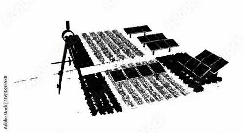 Sustainable energy farm with solar panels and wind turbine on white background