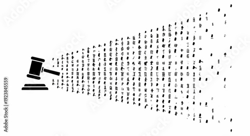 Gavel dissolving into digital data stream, representing legal tech and data privacy