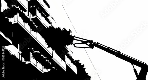 Gardener in aerial lift trimming lush green bushes on building exterior