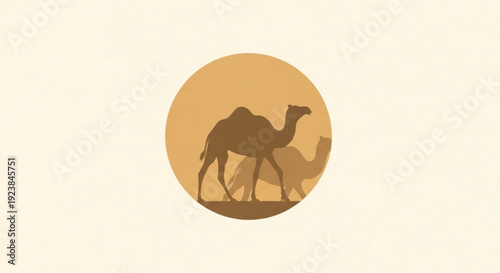 Two camels walking side by side in desert sunset silhouette