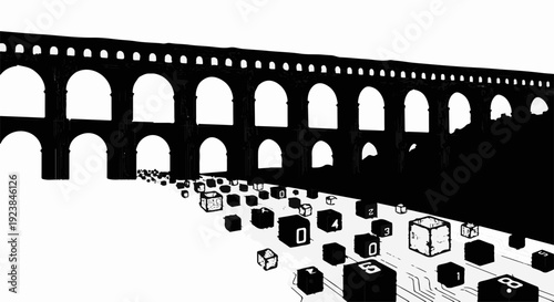 Abstract digital data flowing towards a monumental architectural structure