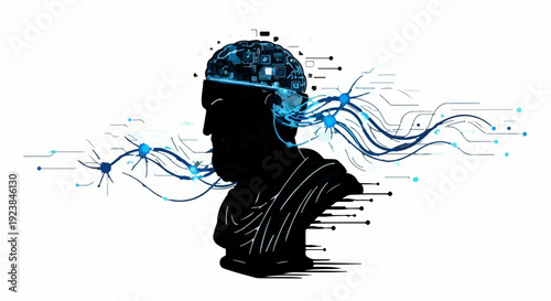 Ancient bust connected to futuristic glowing neural network, symbolizing wisdom and innovation