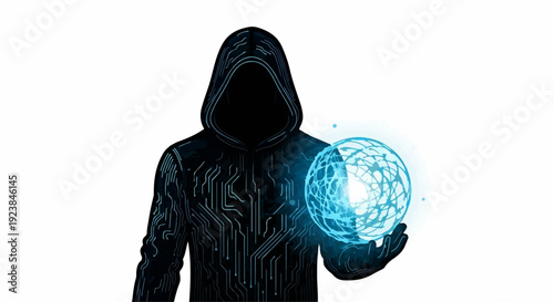Mysterious figure in a hooded jacket holding a glowing digital sphere