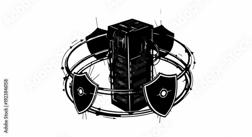 Digital fortress symbolizing data security and network protection with shield icons