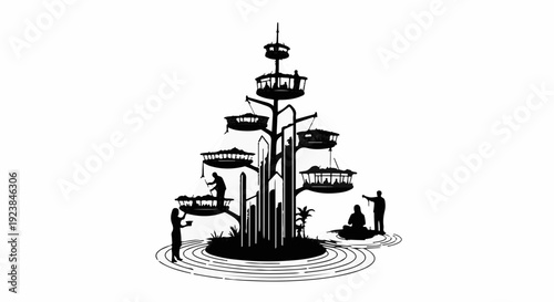 People interacting with a whimsical, multi-level treehouse structure with organic shapes.