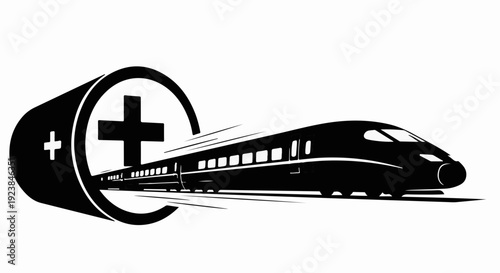 High-speed train emerging from a battery symbol, representing sustainable energy and innovation.