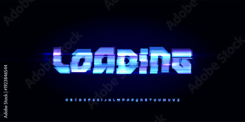 Loading Text Banner for Digital Conference, Techno Product Launch App, Digital Transformation Title. Futuristic Glitch Button Alphabet Logo Font. Video Game Abstract Typography. Vector Illustration