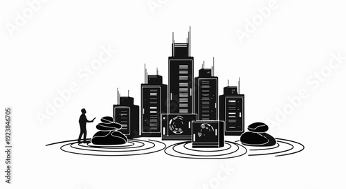 Man contemplates digital cityscape amidst serene Zen garden elements, symbolizing technology and tranquility.