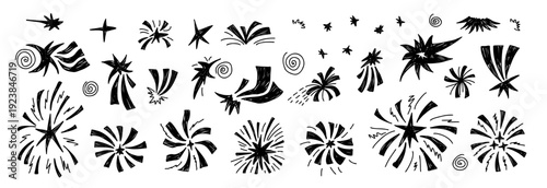 Charcoal hand drawn firework doodles, linocut stars, sparkles confetti bursts set. Black vector crayon illustration featuring radial blink for children's party decorations and festive backgrounds.