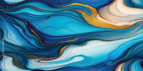 Artistic blue silk fabric backdrop featuring 3d water ripples and abstract wave patterns with a swirl of light and paint colors for an elegant wallpaper design