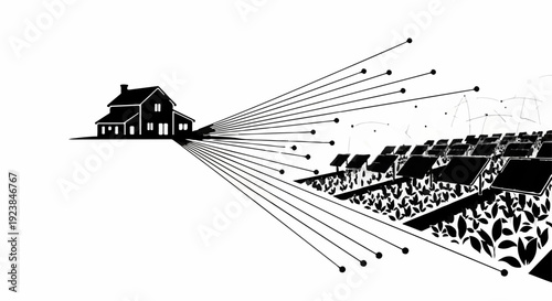 Modern house powered by sustainable solar energy array in a field