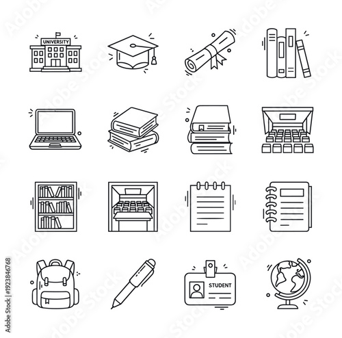 Collection of educational and academic icons for learning and university life