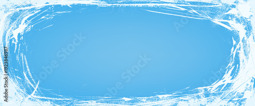 Ice grunge texture overlay with a snowy effect and scratch with worn frame background. Aged and distressed rough particles on figure skating rink, icy and frozen blue and white decor. Vector texture.