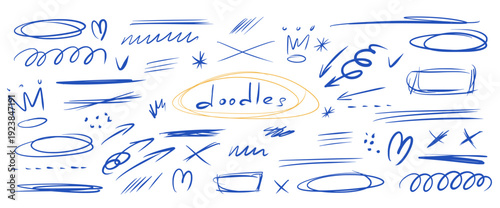 Hand-drawn messy pen abstract doodles. Scribbles, crown, hearts, naive expressive scratches. Text highlight lines, rectangles, circles, spontaneously underlines, scrawl. Vector pencil scratches no bg.