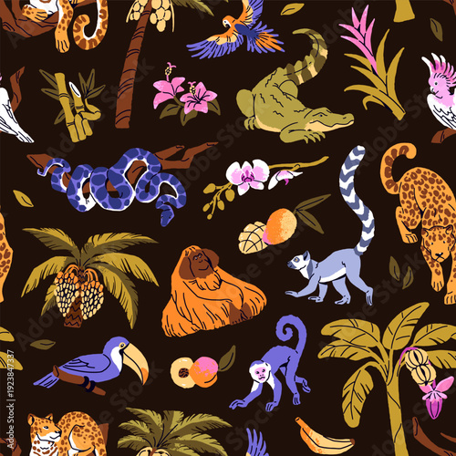 Repeatable pattern of different palm trees, exotic animals, fruit and flowers of the jungle. Endless background of tropical nature, flora and fauna of rainforest. Flat seamless vector illustration.
