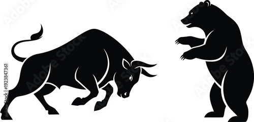 Bull and Bear Stock Market Silhouette - Financial Trading Icons Vector
