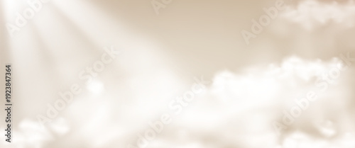 Beige creamy clouds with sunburst lights fantasy background. Heaven blur bokeh sky sunny summer day template. Warm morning atmosphere surface for cosmetic. Pastel caramel color cloud. Vector bg.