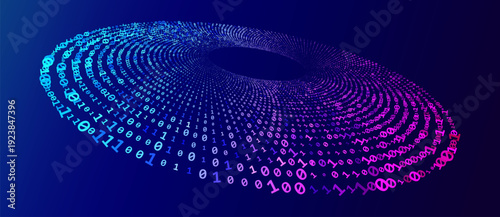 3D binary code oval vortex with blue and purple neon gradient. Abstract digital data visualization for cybersecurity, AI, and big data technology backgrounds.