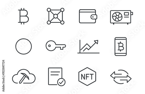 Collection of cryptocurrency and blockchain technology icons for digital finance and investment
