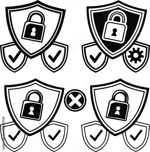 Grid of Cybersecurity Shield Icons with Padlocks
