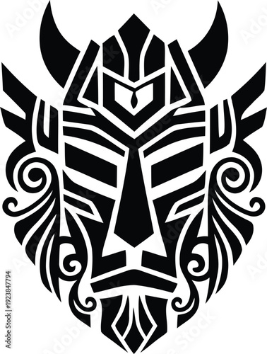 Tribal lion head mask vector illustration featuring intricate geometric patterns and curved line art elements suitable for masculine tattoos and cultural warrior branding.