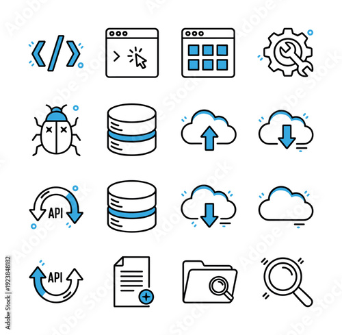 Collection of technology and software development icons with blue accents